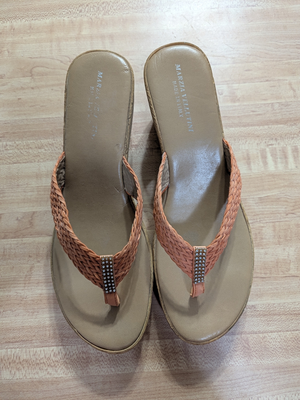 Orange Woven Rhinestone Flip Flop Sandals